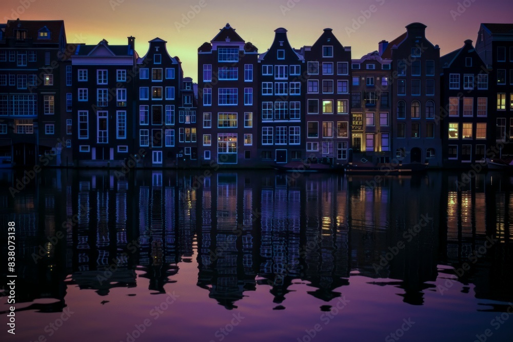 Obraz premium a row of traditional Dutch houses at twilight with reflections in calm water, evoking a peaceful ambiance