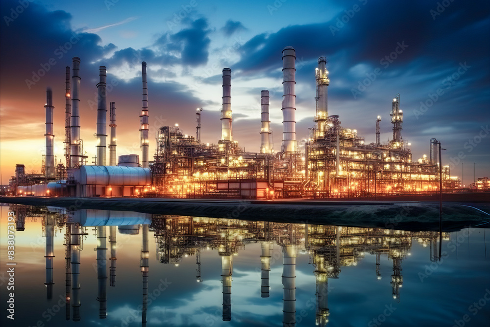 an industrial complex with smokestacks and structures, reflecting on water at sunset in an industrial setting an industrial complex with smokestacks and structures, reflecting on water at sunset in an industrial setting