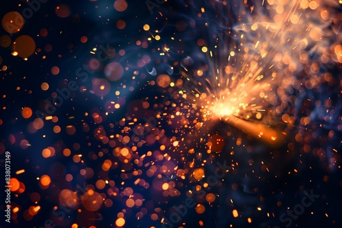 A black background with a bright orange spark. The spark is surrounded by a lot of small, bright, and colorful dots. Concept of energy and excitement, as the sparks are moving
