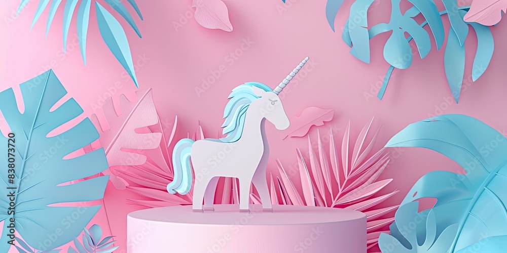 Naklejka premium Pastel Unicorn Sculpture with Tropical Leaves