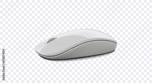 Realistic 3D of a sleek, modern white wireless computer mouse on a transparent background. The mouse is designed with a smooth, minimalist shape and features a scroll wheel. Vector illustration