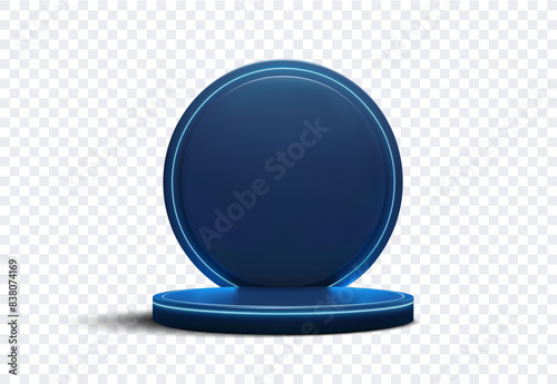 3D of a futuristic dark blue circular pedestal with neon blue lighting on a transparent background. The pedestal can be used as a product display stand or a futuristic design element. Vector