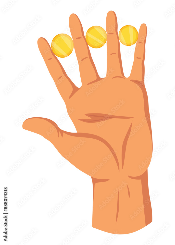 Obraz premium Hand with coins. Money donation, charity or investment. Coins or cash in hand. Colorful flat vector illustration with isolated on white