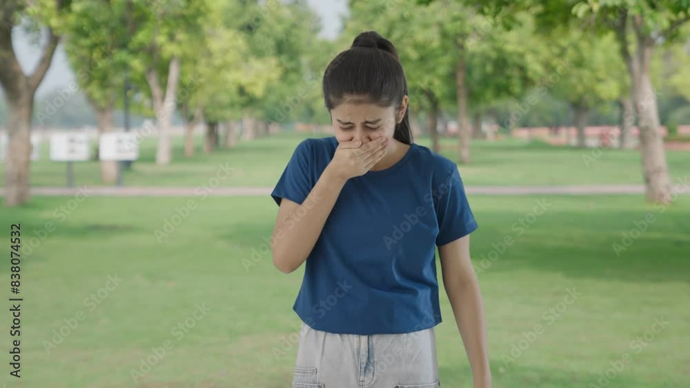 Indian teenage girl suffering from cold and cough in park Indian teenage girl suffering from cold and cough in park