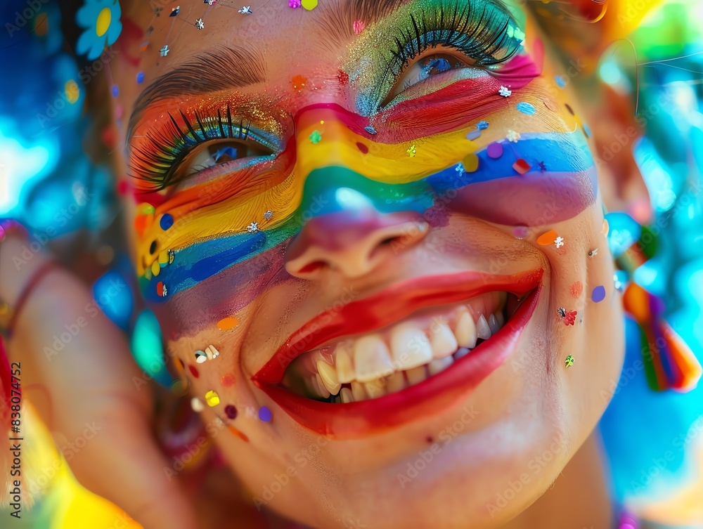 Colorful close-up portrait of a smiling woman with vibrant rainbow face paint, pride month celebration.