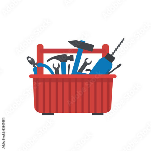 Toolbox. Drill, Hammer, Screwdriver, Wrench, Pliers are in red toolbox. Vector illustration on white