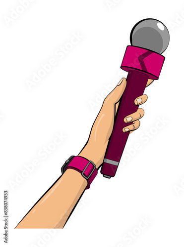 Journalist in pop art comic style, hand hold microphone. Voice recorder in hand of reporter. Press conference or interview, mass media news in cartoon vector illustration
