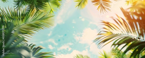 Scenic tropical view with green palm leaves against a bright  sunny sky. Ideal for vacation  summer  and nature themes.