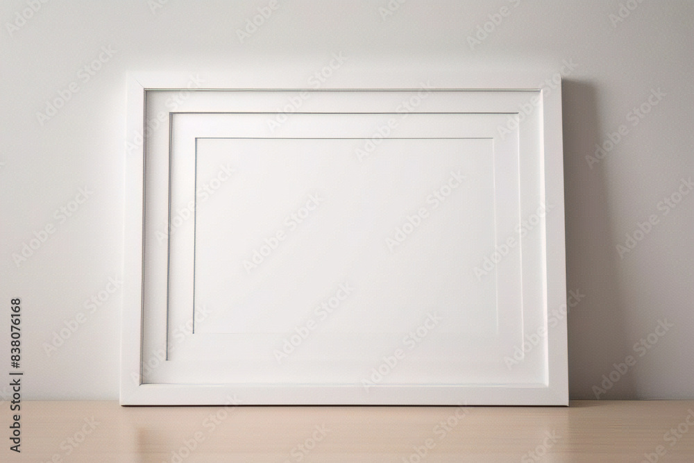 Maqueta de marco de póster de imagen de madera mínima sobre papel tapiz blanco Maqueta de marco de póster de imagen de madera mínima sobre papel tapiz blanco