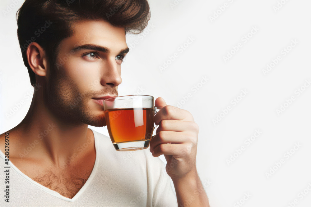 portrait man drinks tea from a transparent cup Isolated on white background portrait man drinks tea from a transparent cup Isolated on white background