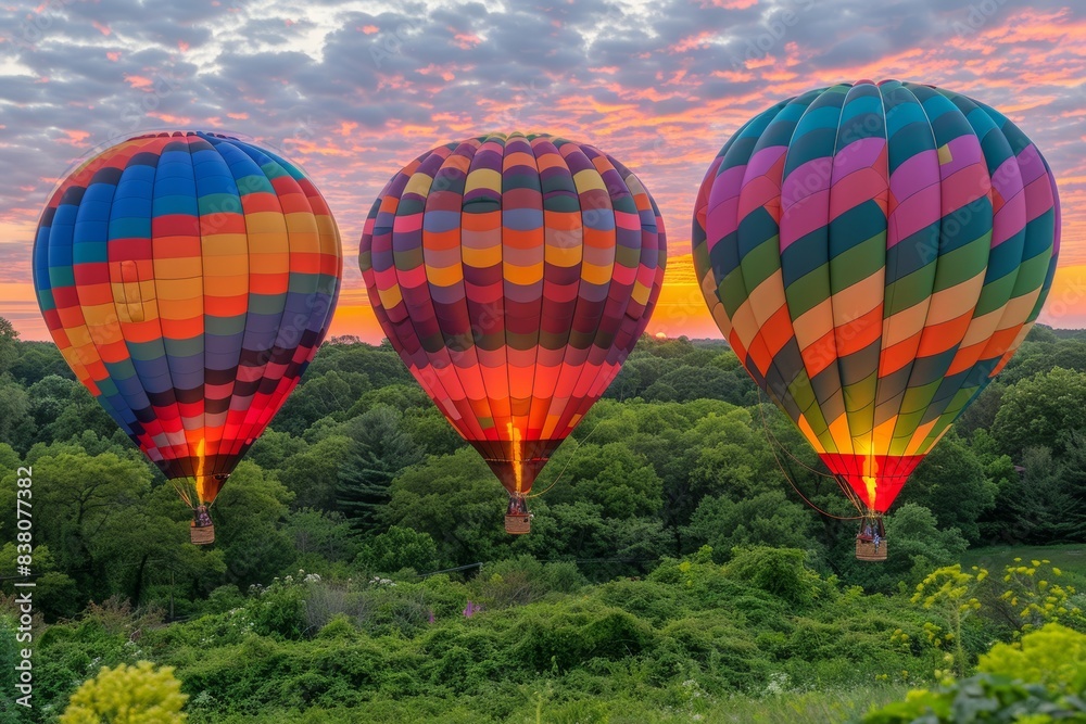 Fototapeta premium Three Colorful Hot Air Balloons Soaring Over Green Trees at Sunset