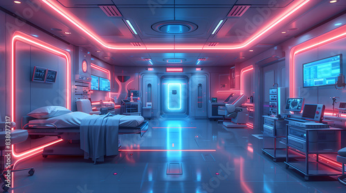 Futuristic Neon Medical Lab with Hospital Bed and Equipment