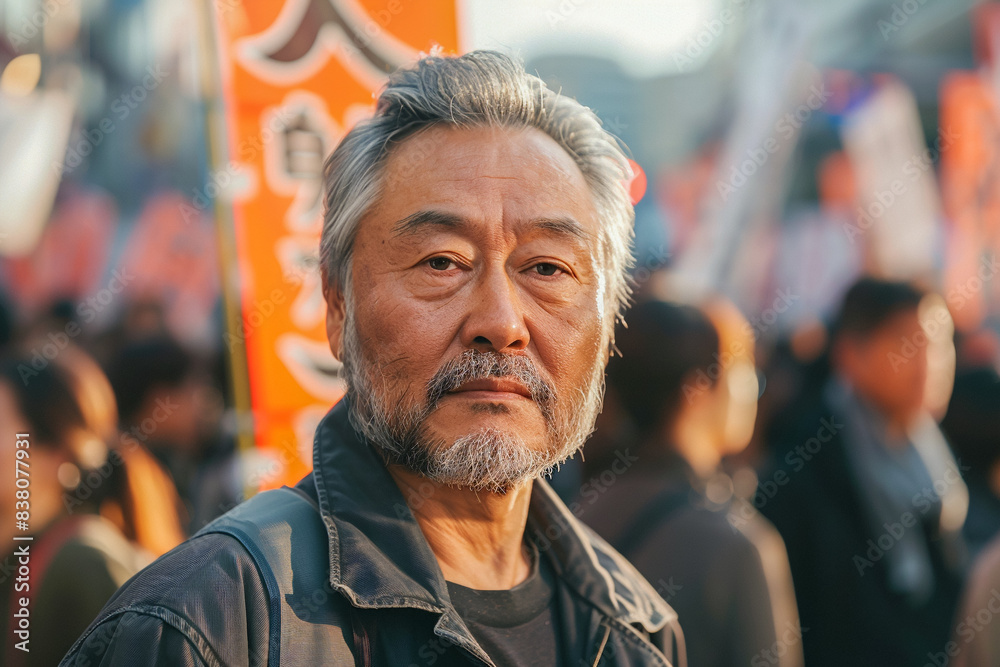 Elderly Asian man at protest political rally, holding poster at demonstration, anger and determination for social equality. Elderly Asian man at protest political rally, holding poster at demonstration, anger and determination for social equality.