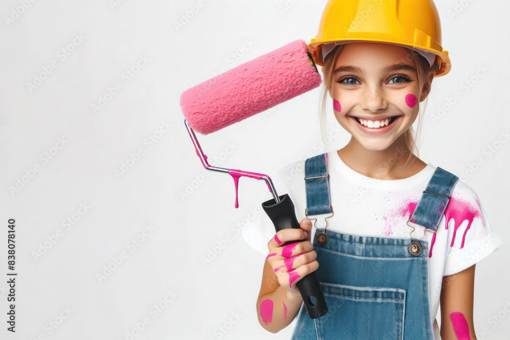 Cheerful girl builder holding paint roller with pink dripping paint Isolated on white background Cheerful girl builder holding paint roller with pink dripping paint Isolated on white background