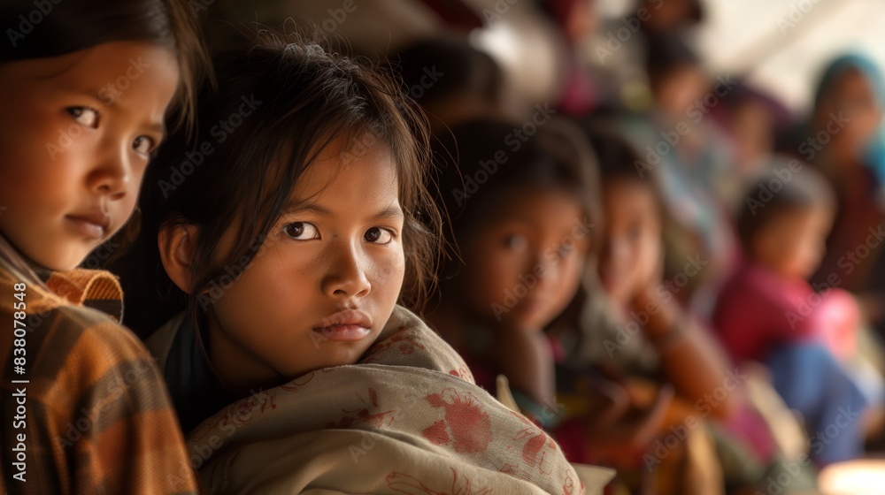 Refugee children in a crowded camp, faces displaying fear and uncertainty. Refugee children in a crowded camp, faces displaying fear and uncertainty.