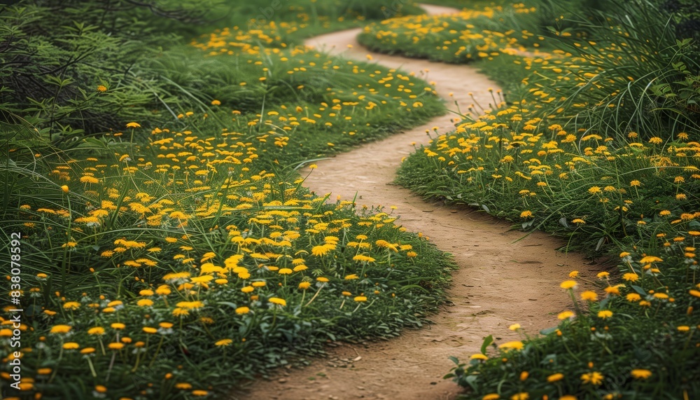 View of dandelions growing around the path View of dandelions growing around the path