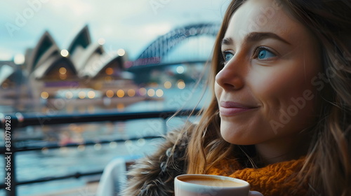 young woman drink a coffee in a cafe, city in background