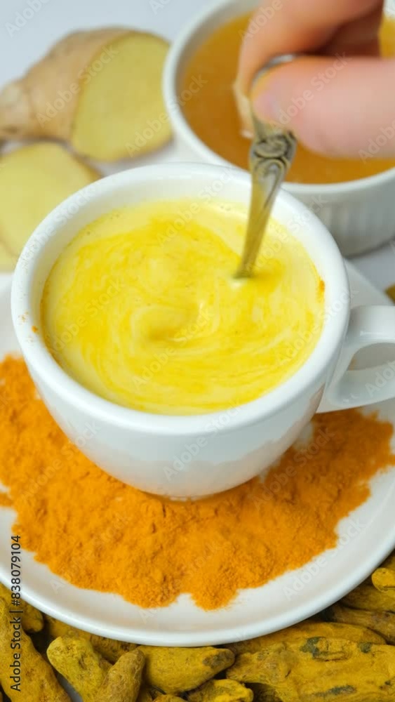 Golden milk with turmeric in a cup, stirring the drink with a spoon, vertical slow motion. Golden milk with turmeric in a cup, stirring the drink with a spoon, vertical slow motion.