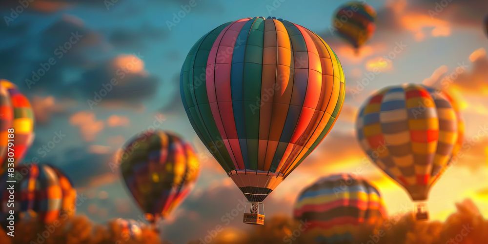 Obraz premium A flock of colorful hot air balloons drifts serenely through the sky at sunset