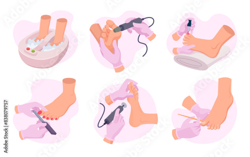 Pedicure. Treatment foot nails beauty salon cosmetic tools for pedicure exact vector cartoon template