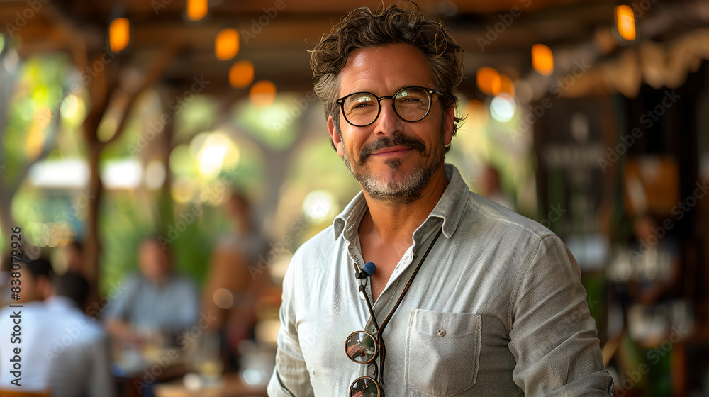 Smiling man with glasses in cafe, bokeh background Smiling man with glasses in cafe, bokeh background