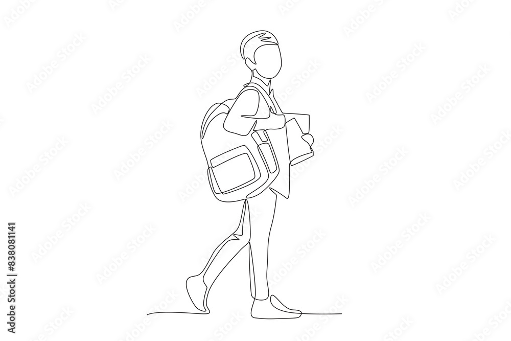 Boys getting ready to go to school. Back to school concept one-line drawing Boys getting ready to go to school. Back to school concept one-line drawing