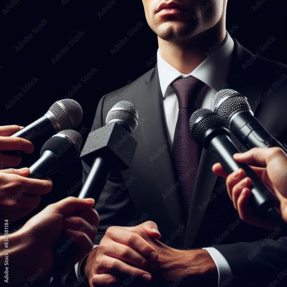 Fototapeta premium Press conference with media microphones man, politician concept