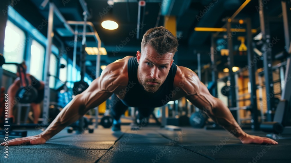 Fototapeta premium Athlete doing hand push-ups in a well equipped gym