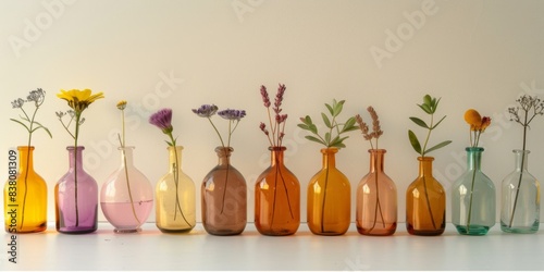 Row of aromatherapy decorative bottles of different colors, simple bright background, taste, body fragrance, summer, decoration, fashion item, marketing background, uniqueness, individual independent 