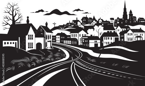 Rural Reverie Logo and Iconic Village Scene Picturesque Village Retreat Vector and Graphic Art