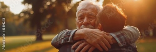 Elderly father and his adult son hugging each other outdoors