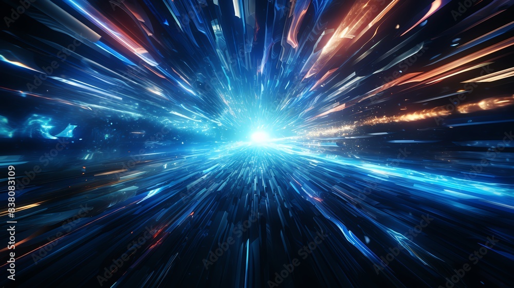 Abstract digital art of glowing blue and orange light streaks radiating outward.