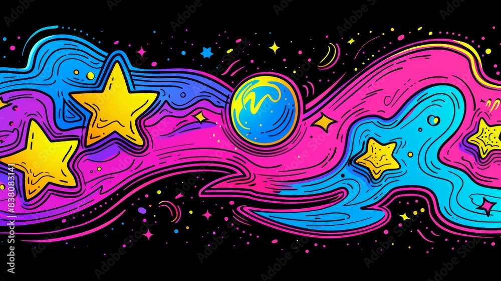 Colorful moon and stars with dots in dark background, colorful in 80s style illustration Colorful moon and stars with dots in dark background, colorful in 80s style illustration