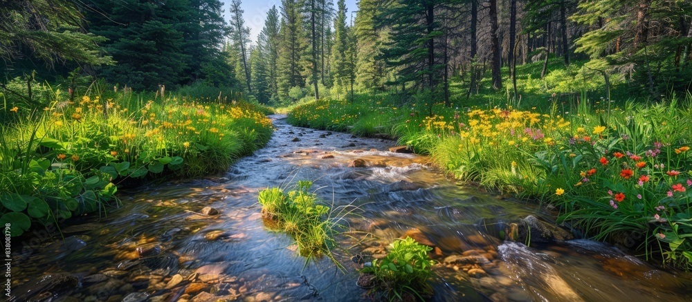 Obraz premium Serene Forest Stream with Wildflowers and Lush Greenery in a Sunlit Mountain Landscape