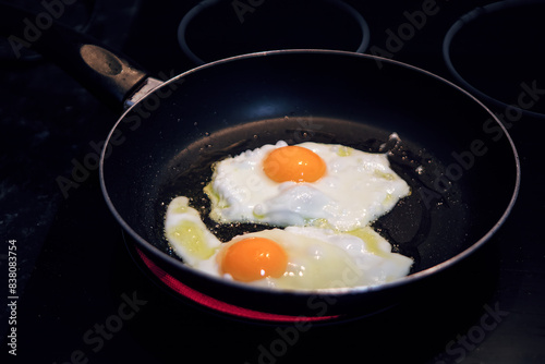 Frying pan with two eggs cooking. Perfect eating for a morning breakfast