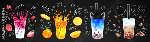 Bubble Tea flavors vector hand drawn watercolor illustrations with line art doodles collection on chalkboard background