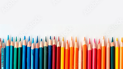 Beautiful colored pencils forming patterns on a white background