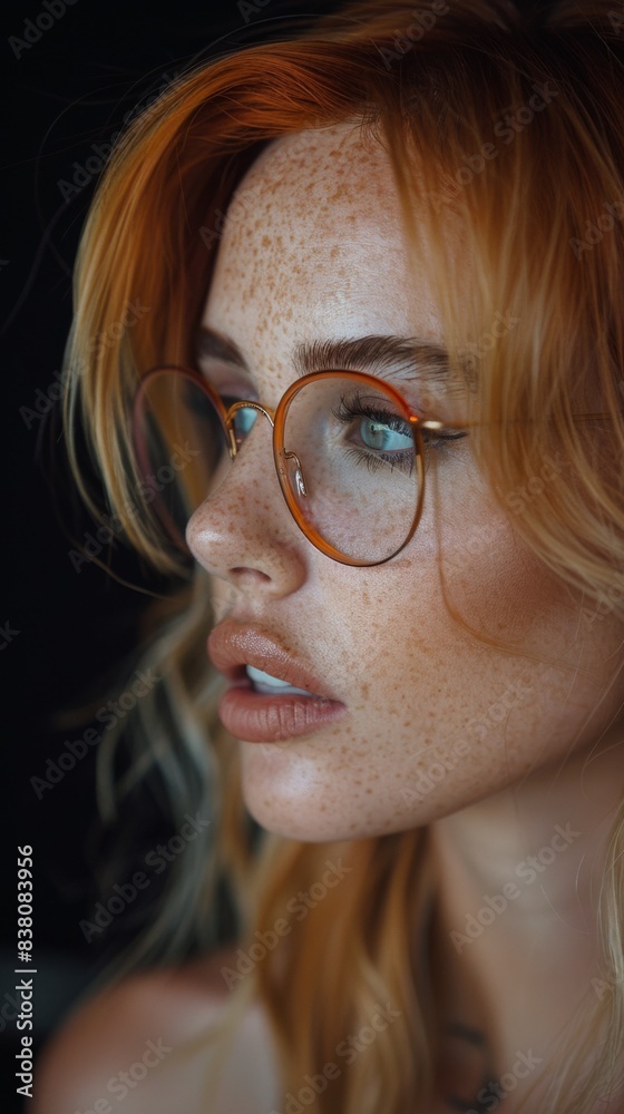A woman with red hair wearing glasses and a black dress, AI A woman with red hair wearing glasses and a black dress, AI