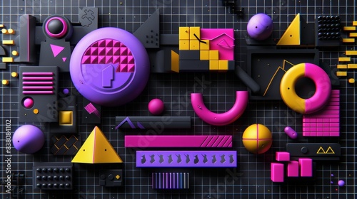 Colorful isometric shape and geometric shape with dots in dark background  colorful geometric memphis in 80s style