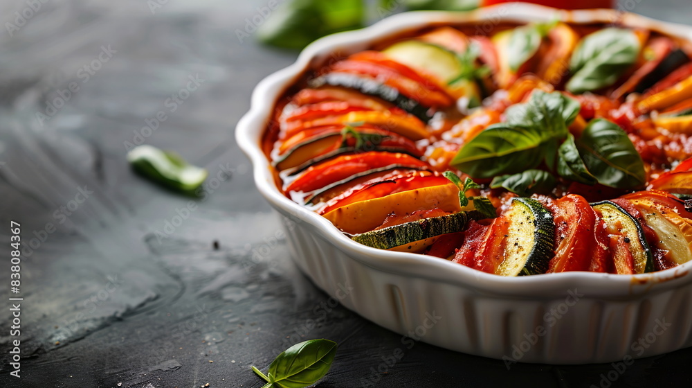 Ratatouille with layers of sliced vegetables, tomato sauce, and herbs, baked until tender. Ratatouille with layers of sliced vegetables, tomato sauce, and herbs, baked until tender.