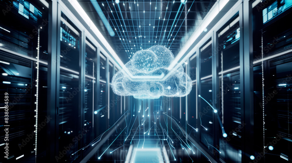 Futuristic Cloud as a Central Hub in Data Center. High-Tech Visualization of Cloud Computing and Data Management.