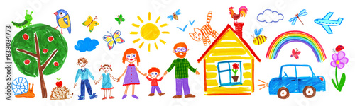 Felt pen hand drawn vector illustrations collection of child drawing of family on summer background © Sonya illustration