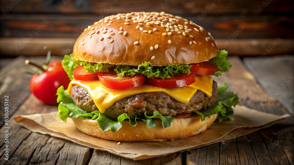 a close-up image of a hamburger with a sesame seed bun, tomato, lettuce, and a cheese patty on a wooden cutting board a close-up image of a hamburger with a sesame seed bun, tomato, lettuce, and a cheese patty on a wooden cutting board