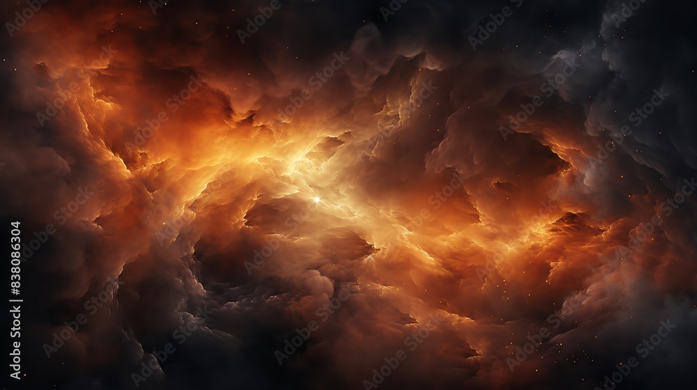 Glowing nebula in space, fiery clouds, deep orange and yellow colors, dramatic lighting, intense atmosphere Glowing nebula in space, fiery clouds, deep orange and yellow colors, dramatic lighting, intense atmosphere
