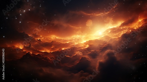 Glowing nebula with fiery clouds, deep space, bright orange and yellow tones, dramatic lighting, cosmic scene