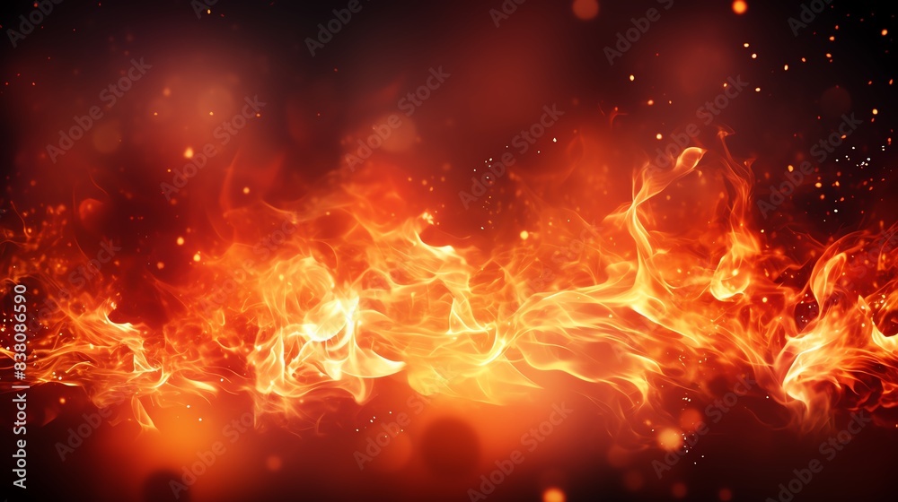 Burning flames with glowing sparks, framing red background, vibrant heat, fiery atmosphere