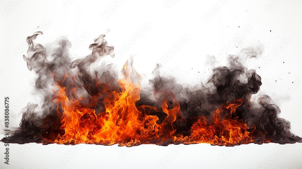 Burning charcoal embers with flames, top and bottom framing, white background, smoke effect, dramatic scene Burning charcoal embers with flames, top and bottom framing, white background, smoke effect, dramatic scene