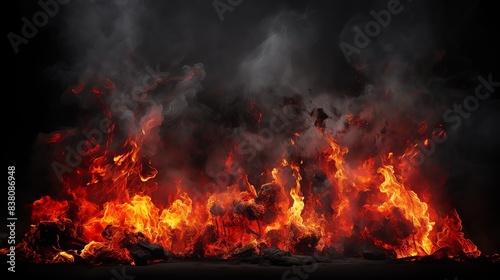 Charcoal embers with flames and smoke, framing top and bottom, white background, bright fire, dramatic heat