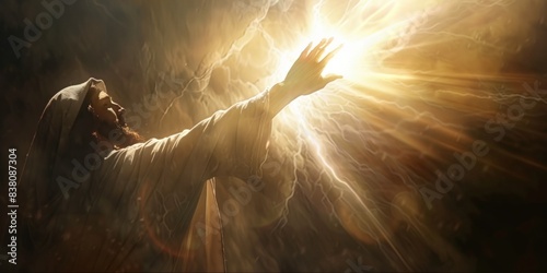 Jesus as a guiding light, reaching out to humanity with compassion and salvation in a symbolic and impactful way.