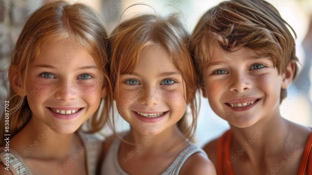 Three children are smiling for the camera in a group, AI Three children are smiling for the camera in a group, AI